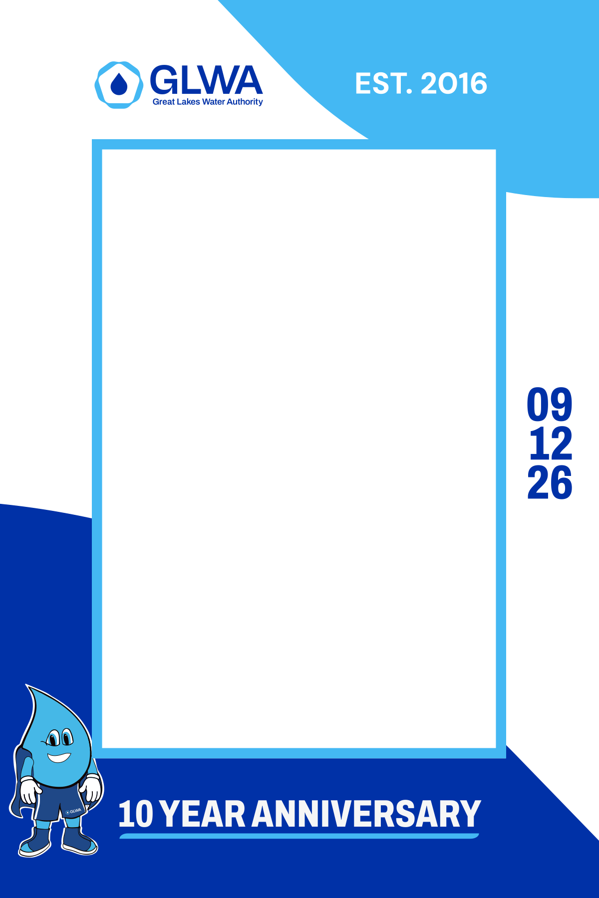 Portrait GLWA 10-year anniversary corporate photo booth template created through a MyMirrorClub Custom Request