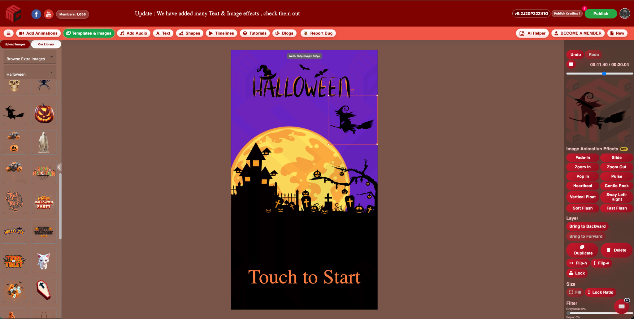 MyMirrorClub Halloween editor showing twelve Image Animation Effects