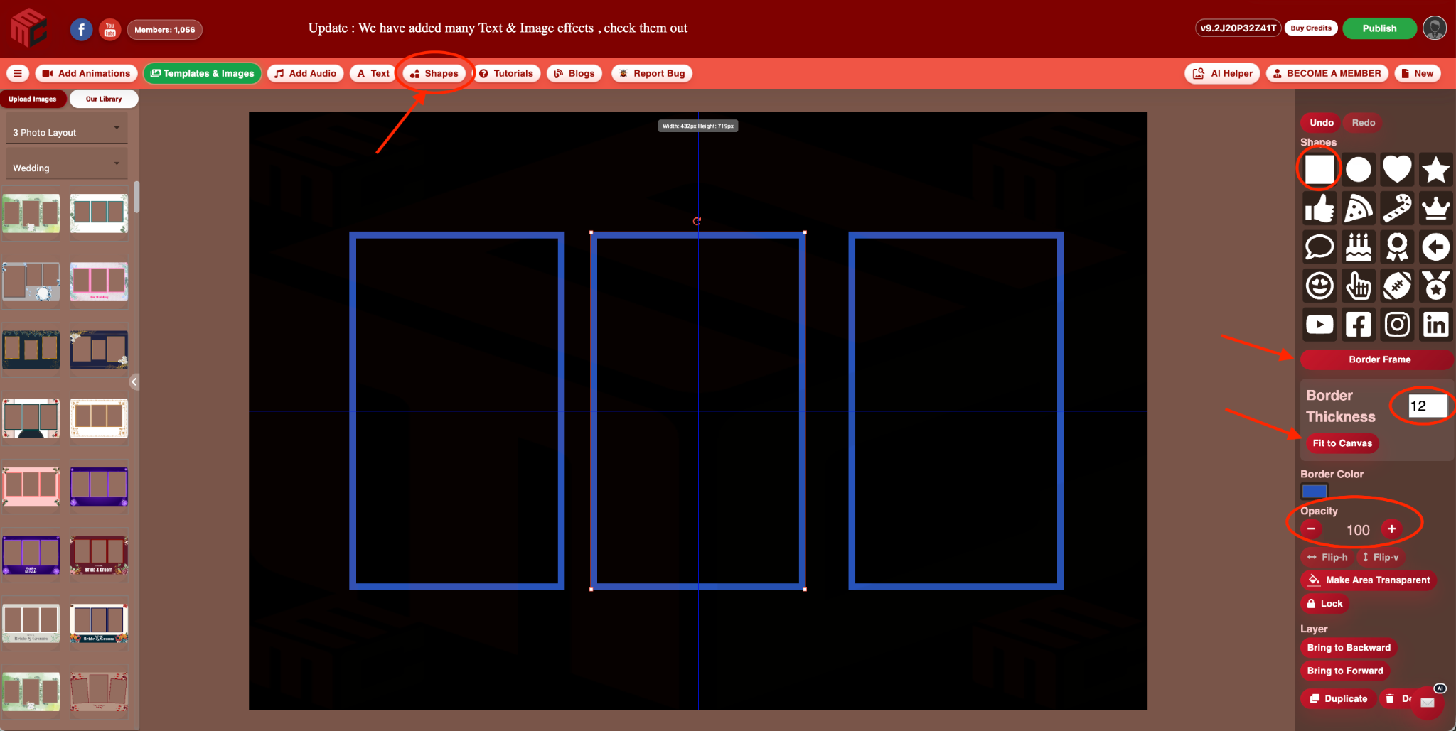 MyMirrorClub editor showing a full canvas Border Frame with Border Thickness, Fit to Canvas, Border Color and opacity controls