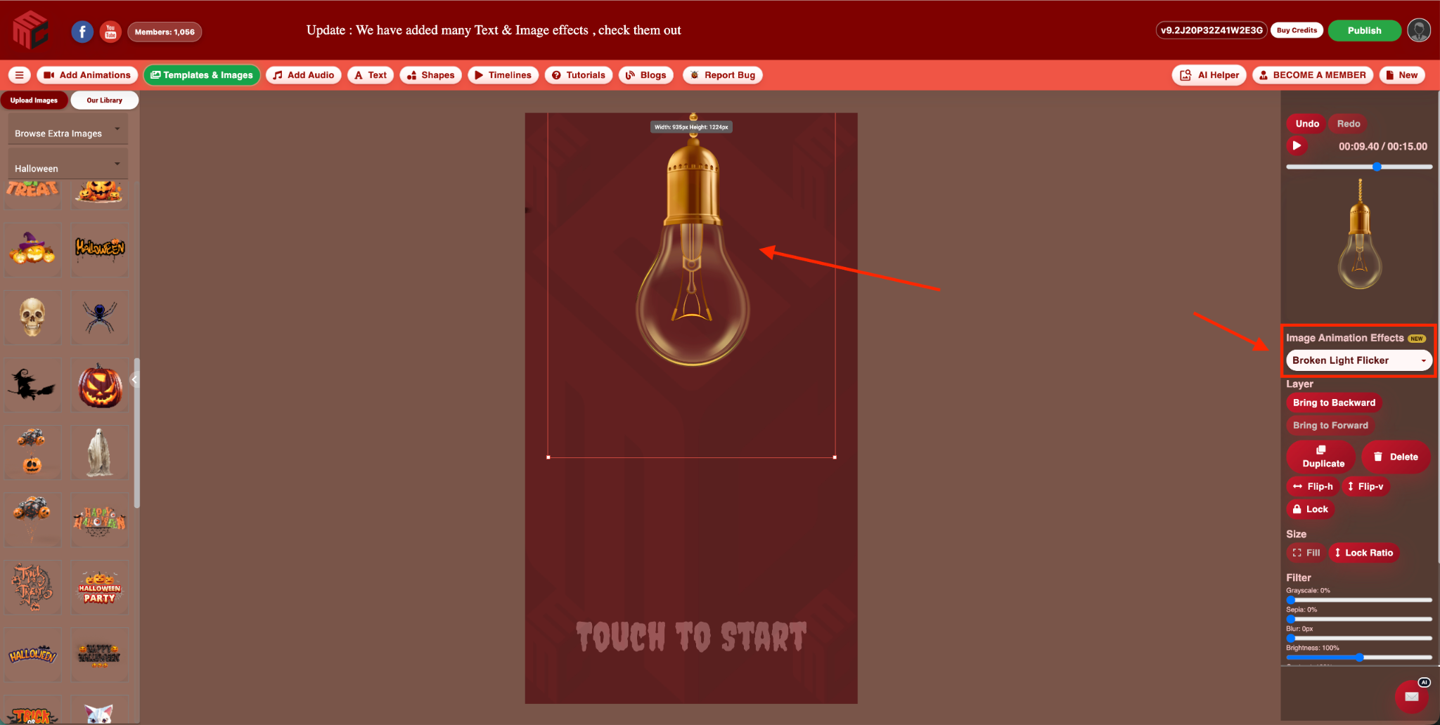 MyMirrorClub Image Animation Effects showing Broken Light Flicker applied to a hanging light bulb