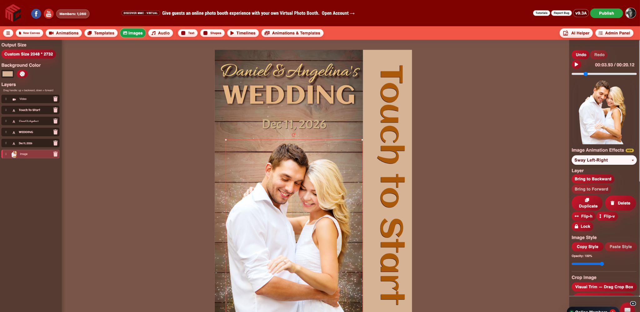MyMirrorClub photo booth editor customizing a wedding animation with layers and image effects