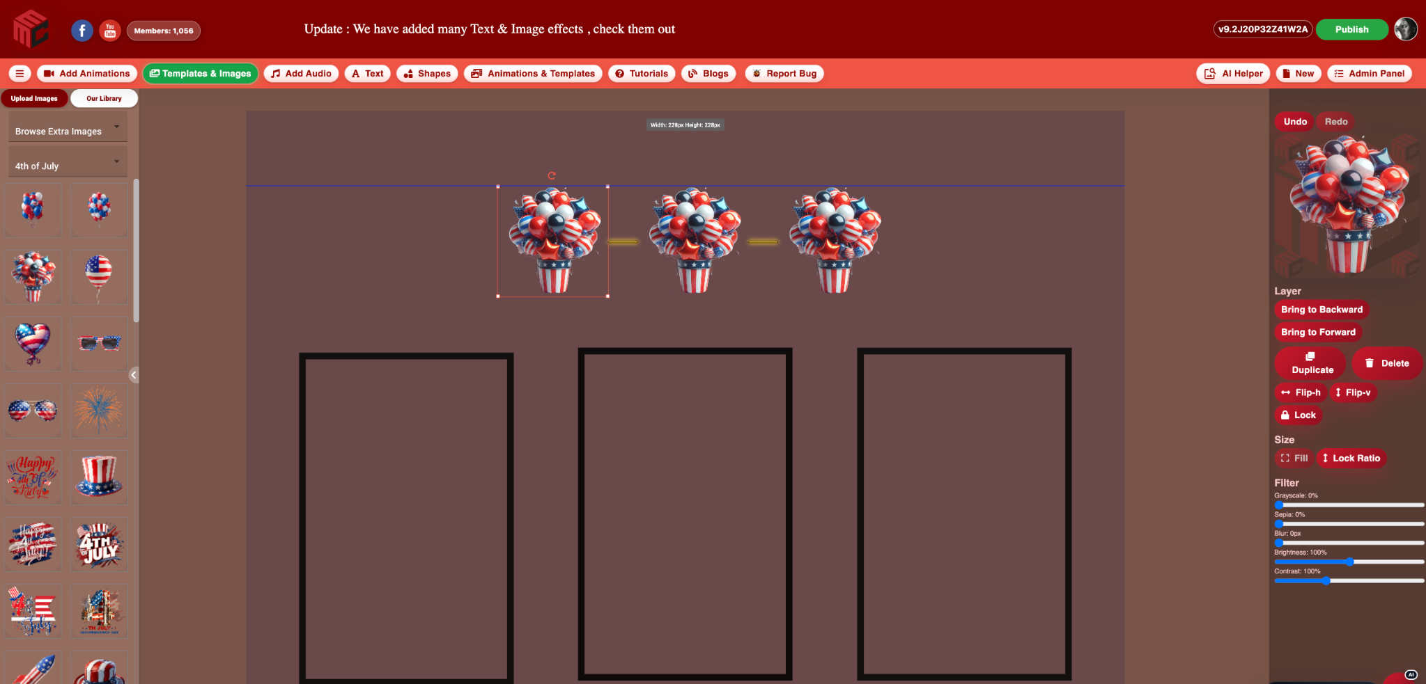 MyMirrorClub gold equal-spacing guides between three decorative image layers
