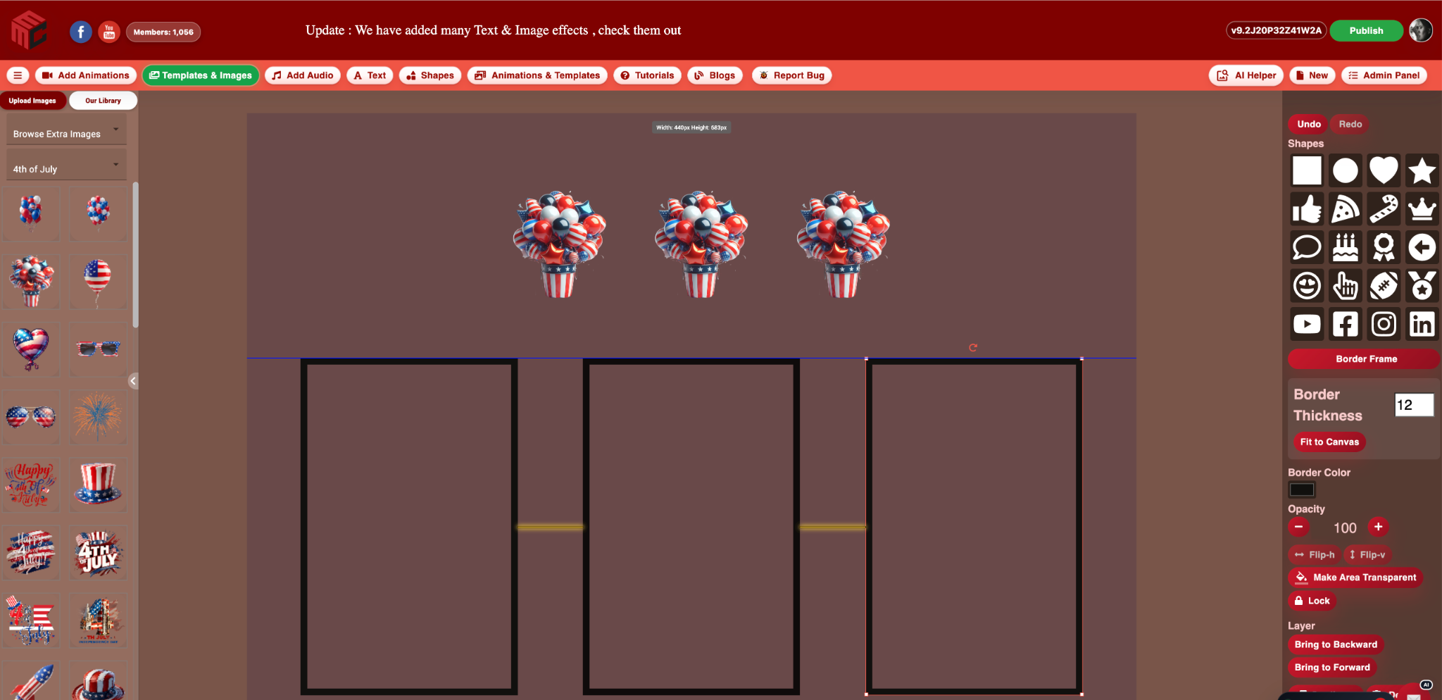 MyMirrorClub gold equal-spacing guides between three photo booth Border Frames