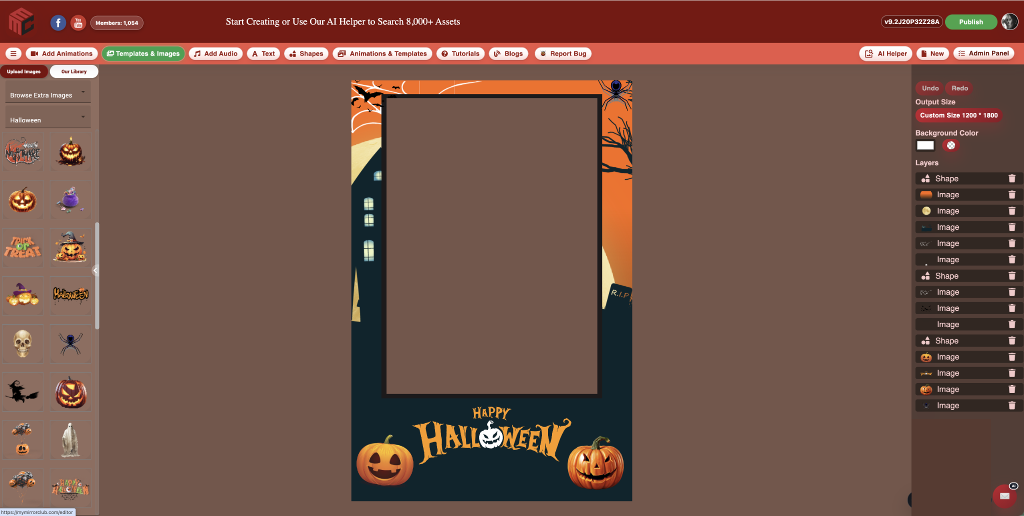 Real MyMirrorClub online editor with a Halloween photo booth template and visible editable layers