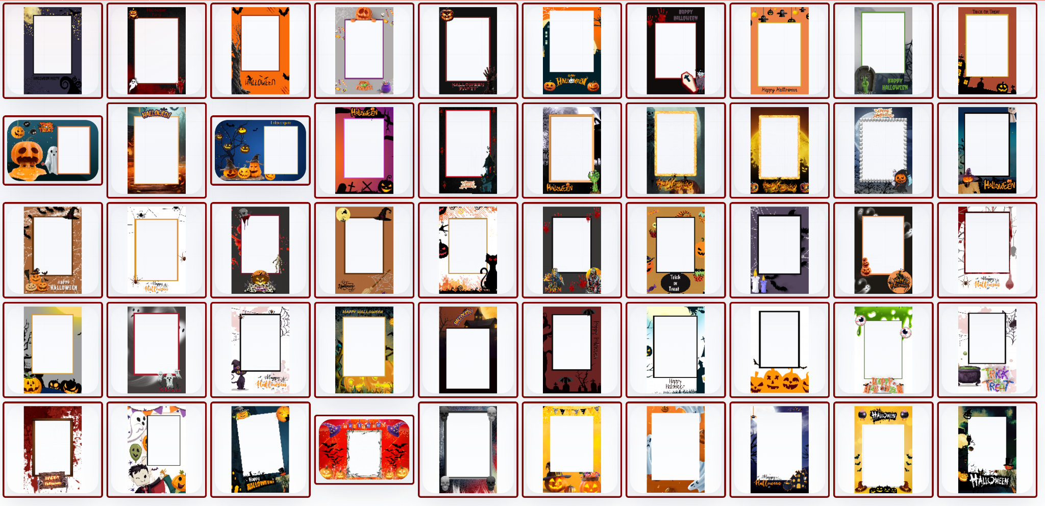Real MyMirrorClub Halloween photo booth template library showing multiple event designs
